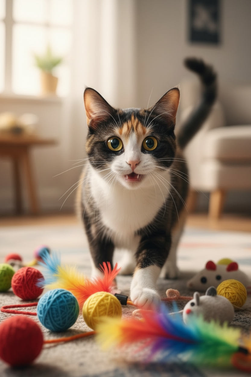 Fröhliche Katze mit Spielzeugen
